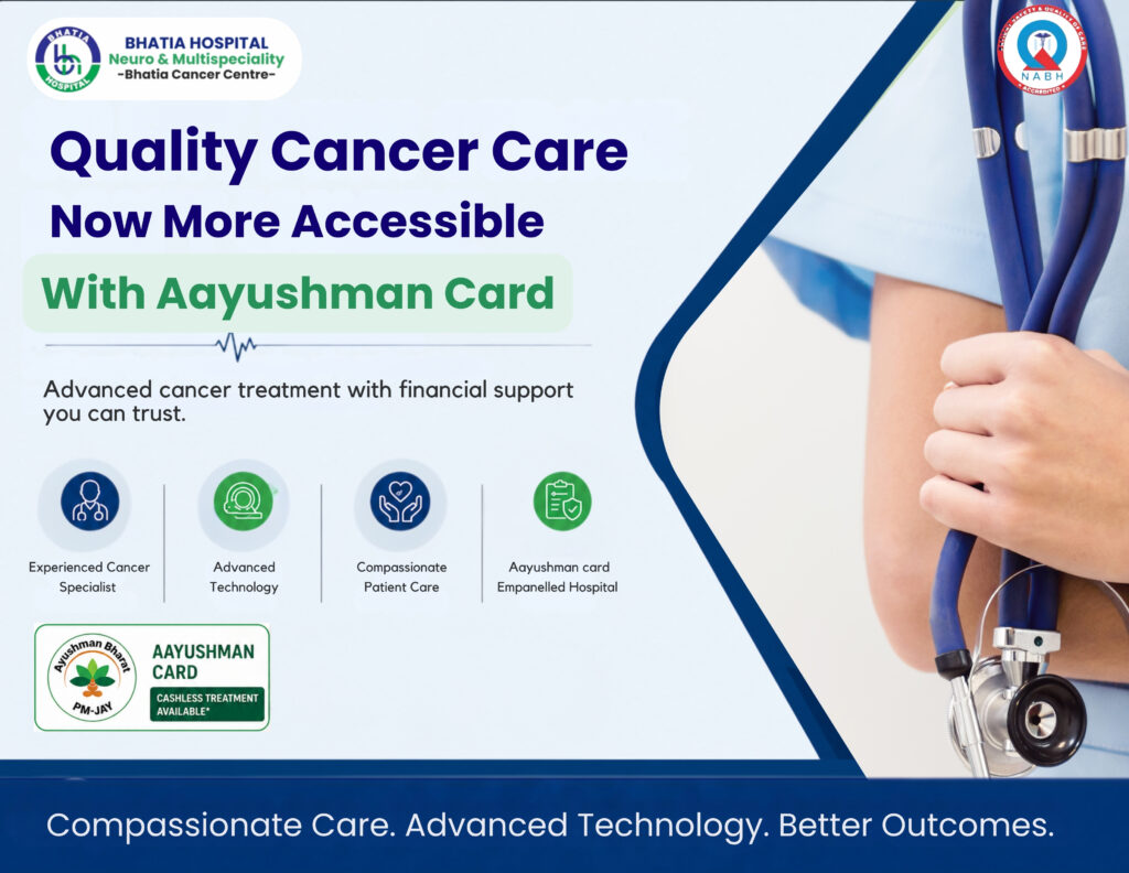 Aayushman card cancer treatment poster at Bhatia Hospital Patiala showing affordable cancer care and patient support