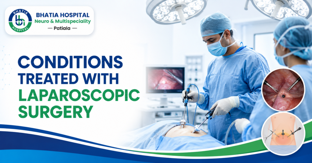 Experienced surgeon performing laparoscopic surgery for gallstones, hernia, appendix, and gynecological conditions at Bhatia Hospital Patiala.