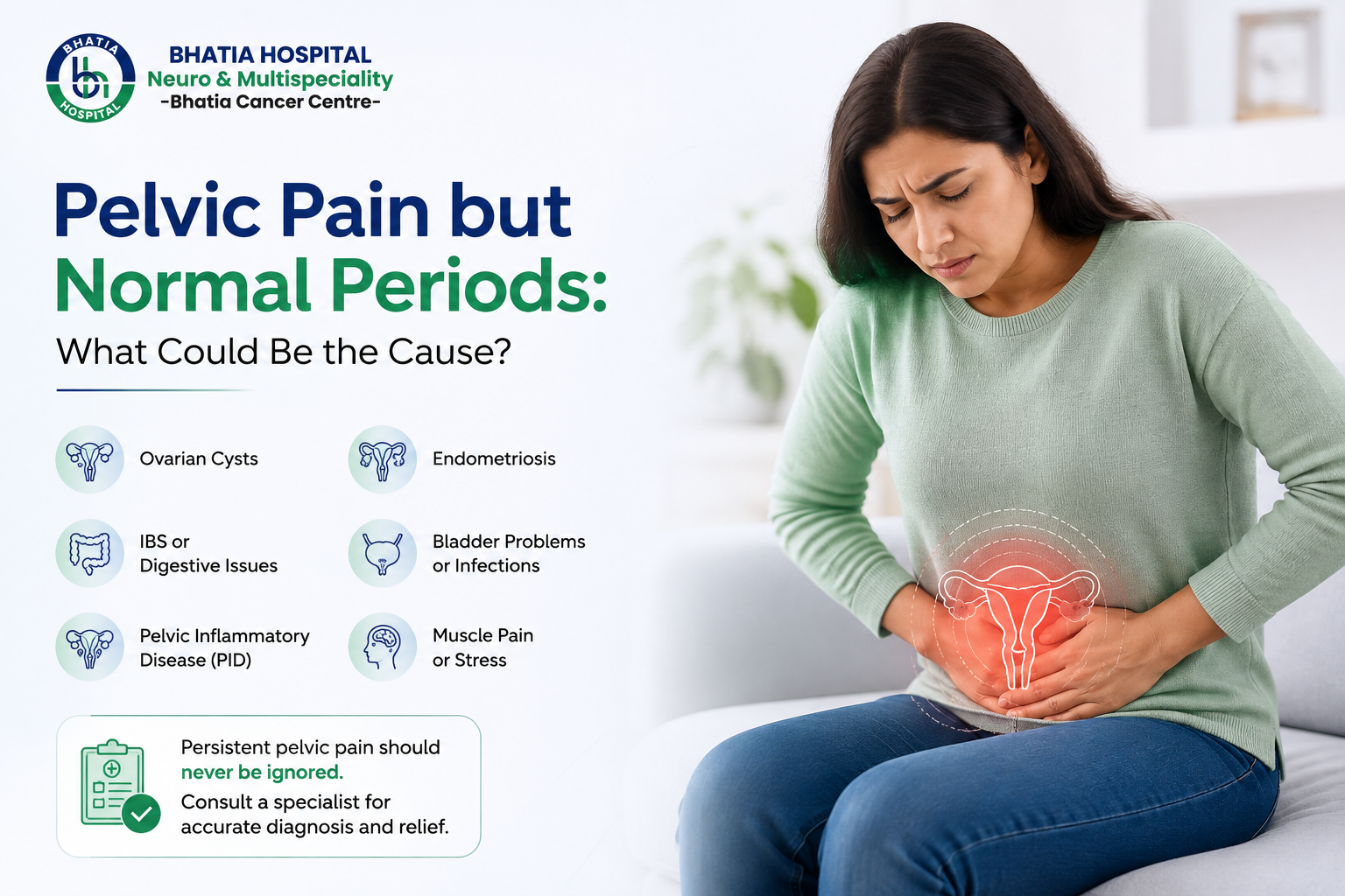 Woman experiencing pelvic pain despite having regular periods