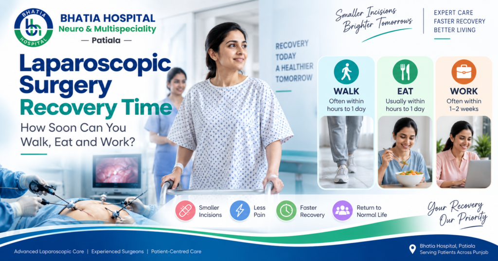 Laparoscopic surgery recovery time showing patient walking eating and returning to daily activities