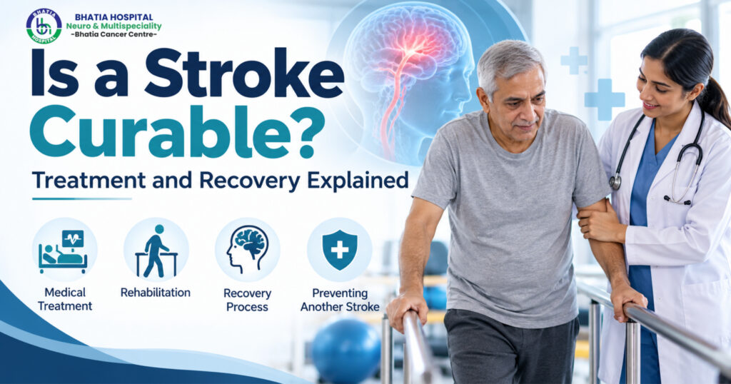 Illustration of stroke recovery with a doctor assisting an older patient during walking rehabilitation.