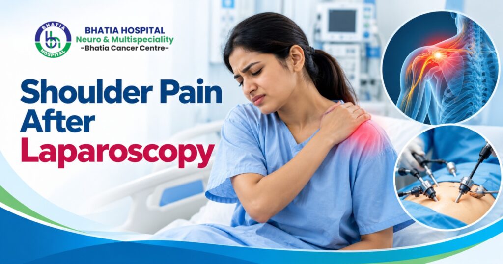 Shoulder pain after laparoscopy with a woman holding her shoulder and a medical illustration of shoulder pain.